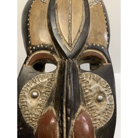 Carved Wooden Face Mask Metal Inlay Open Mouth Tribal Ethnic Cultural Decor READ - Picture 8 of 15